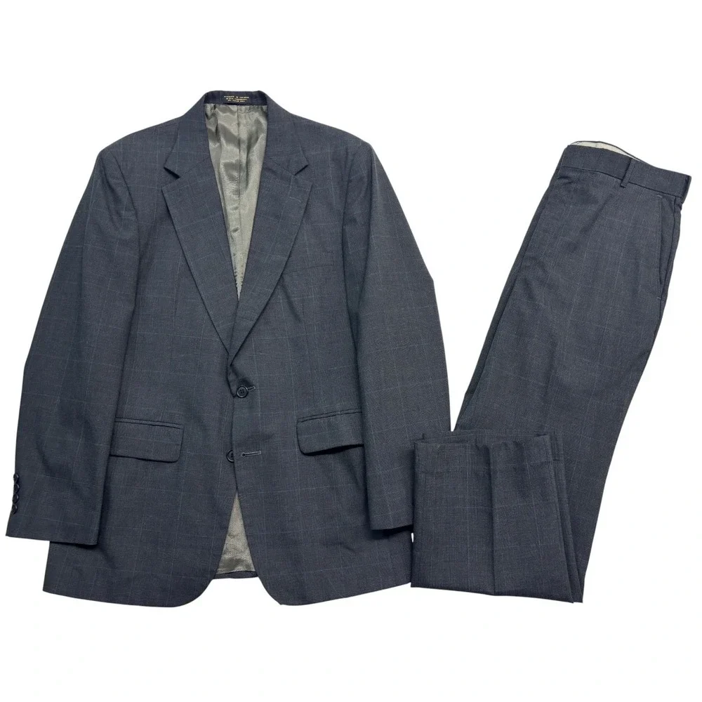 vtg 90s Charcoal Glen Plaid 40R 34x29 2pc Pant Suit Pleated High Waisted Wool